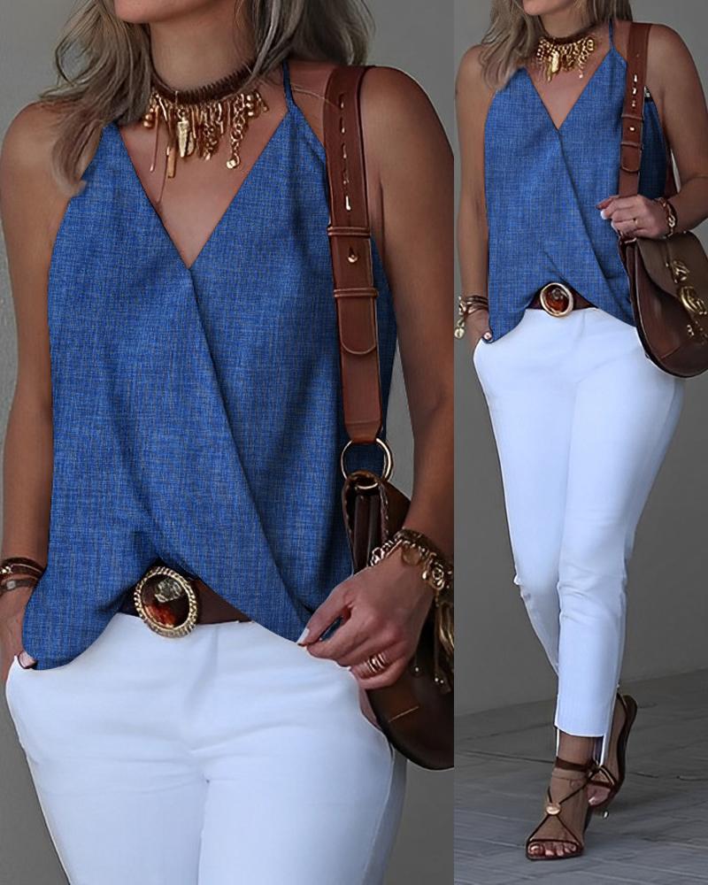 

Denim Look Print Halter Wrap Tank Top, Blue