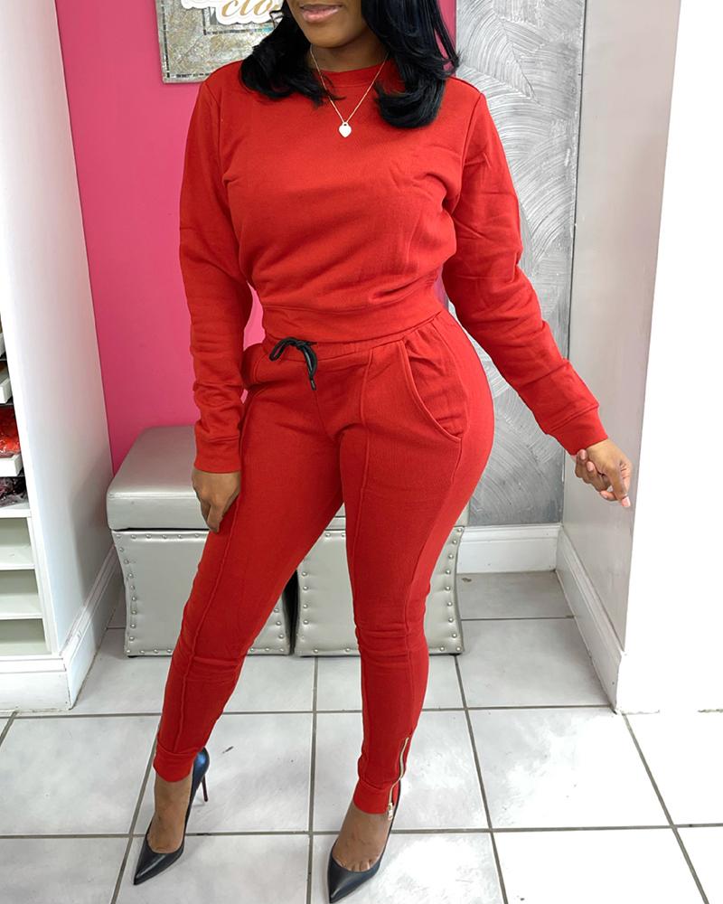 

Long Sleeve Top & Pocket Design Drawstring Pants Set, Red