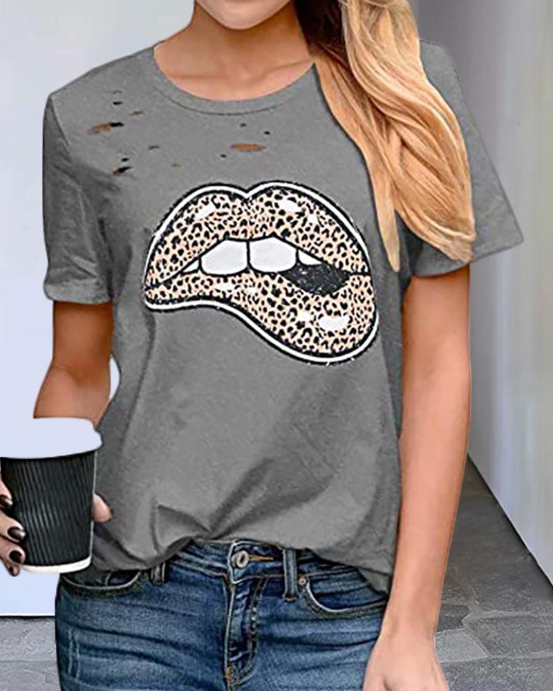 

Short Sleeve Lip Leopard Print T-shirt, Gray