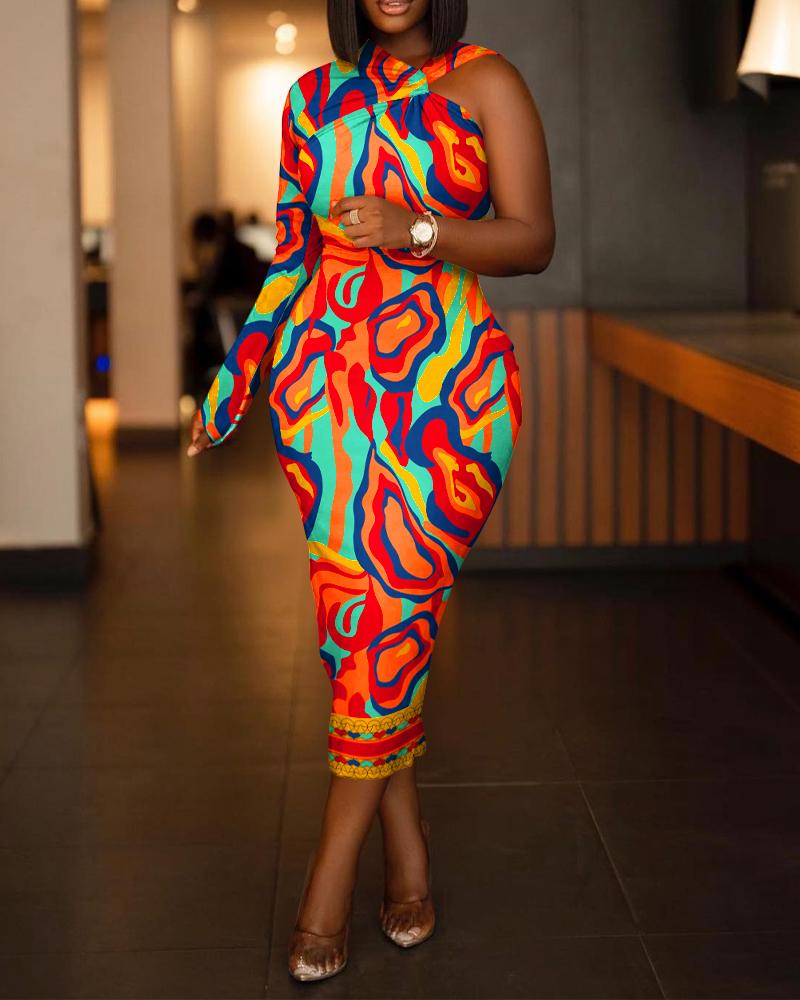 

Multi-Color Abstract Print One Shoulder Twisted Party Dress, Orange