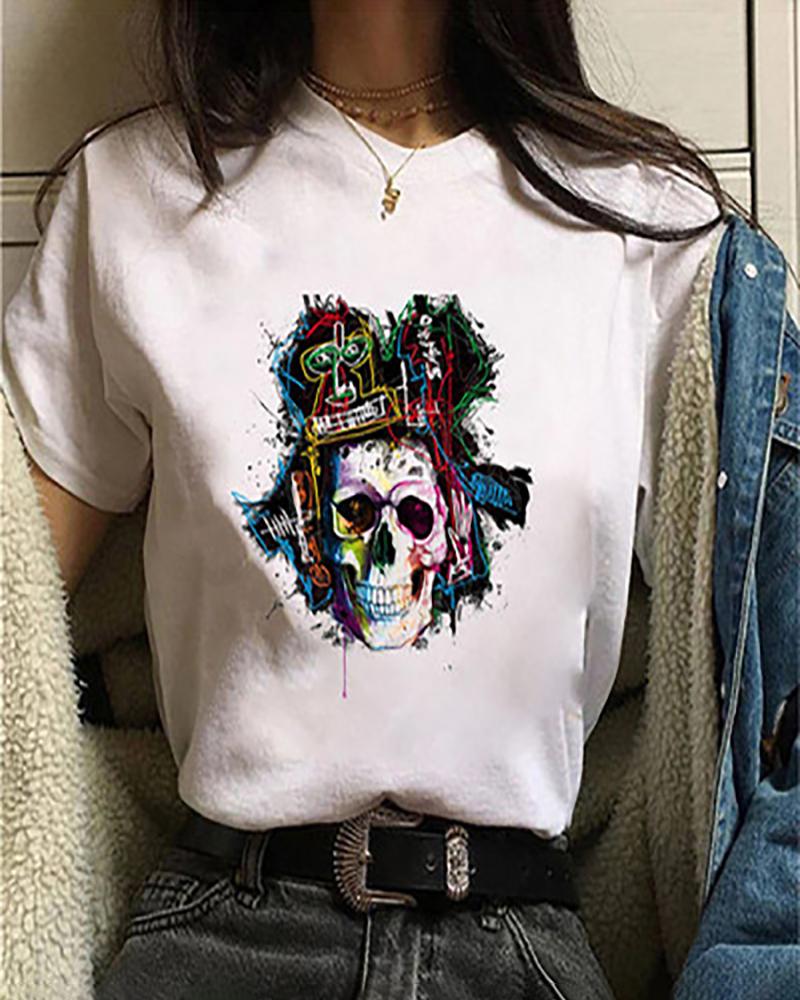 

Halloween Horror Figure / Skull Print Short Sleeve T-shirt, Style3