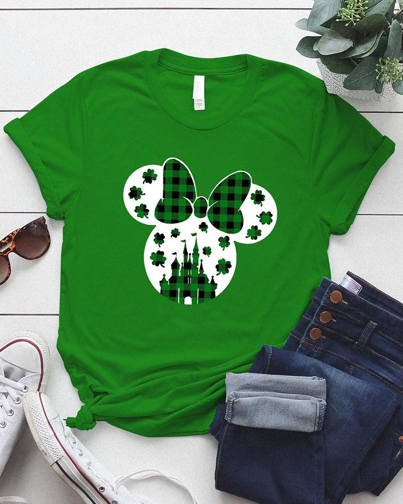

St. Patrick's Day Solid Color Splicing Mickey Cartoon Print Short Sleeve T-shirt, Green