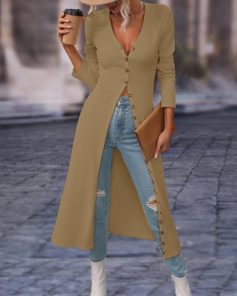 

Long Sleeve Buttoned Ribbed Longline Coat, Khaki