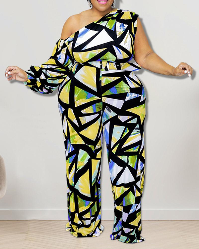 

Plus Size Geometric Print Cold Shoulder Belted Jumpsuit, Yellow