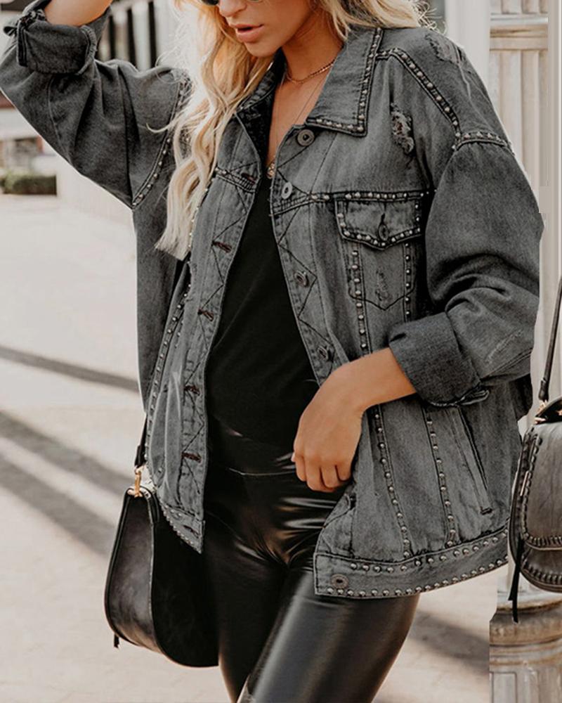 

Studded Pocket Design Denim Jacket, Gray