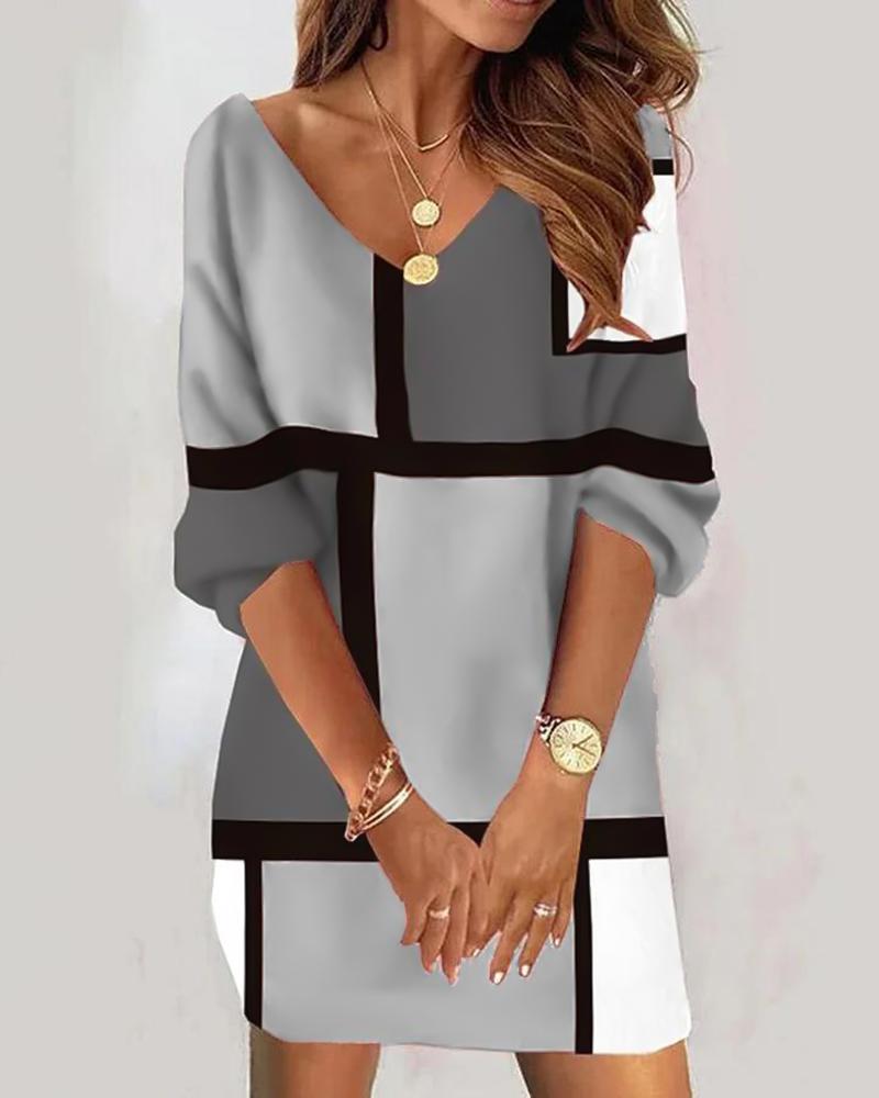 

Geometric Print Colorblock Casual Dress, Gray