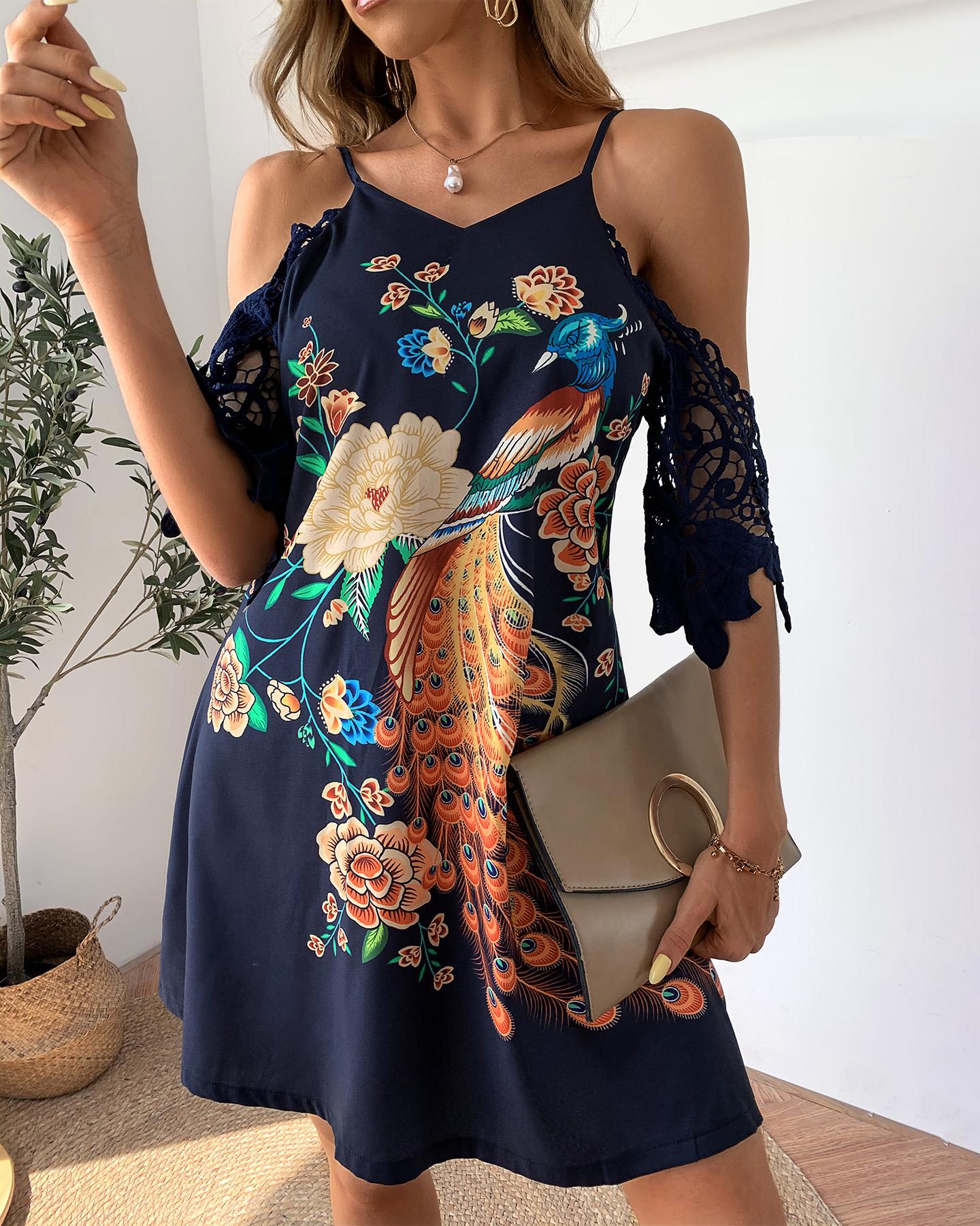

Peacock Floral Print Cold Shoulder Crochet Lace Dress, Blue