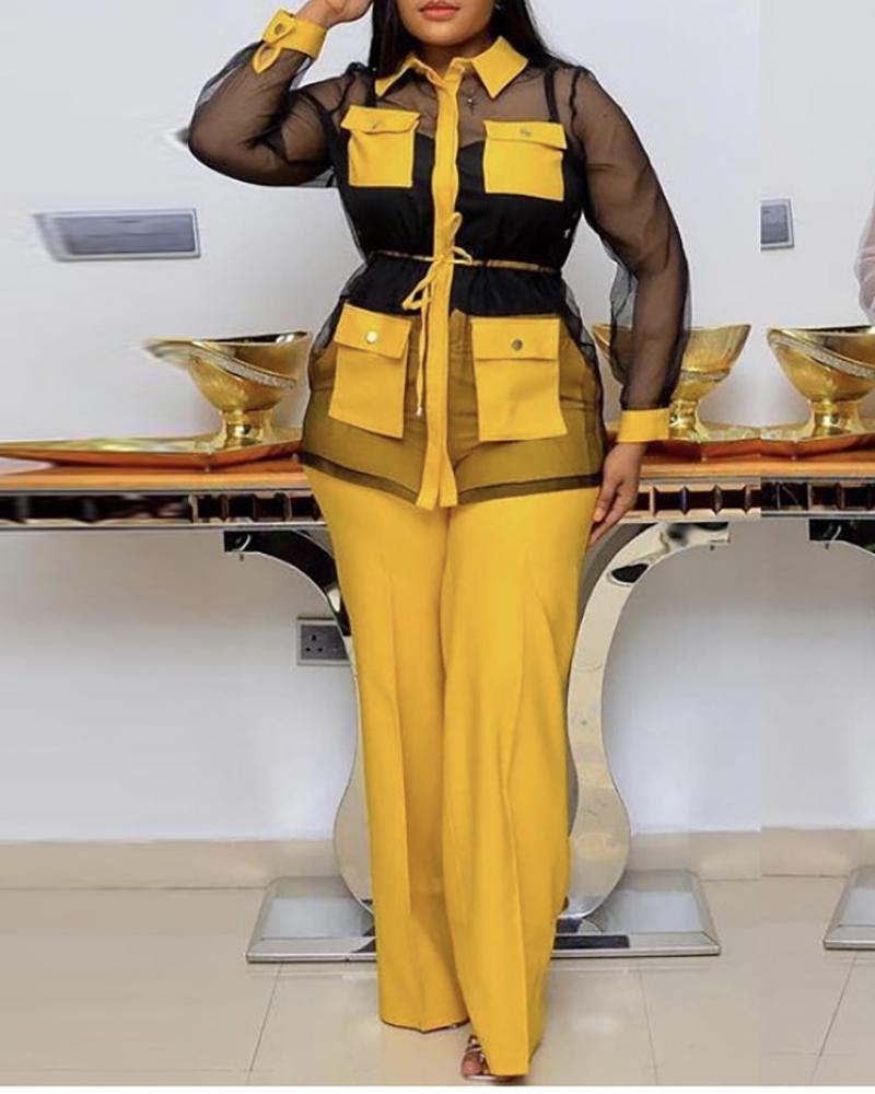 

Plus Size Sheer Mesh Colorblock Buttoned Top & Pants Set, Yellow