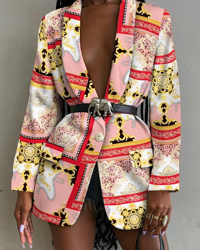 

Scarf Print Shawl Collar Flap Detail Single Button Blazer, Pink