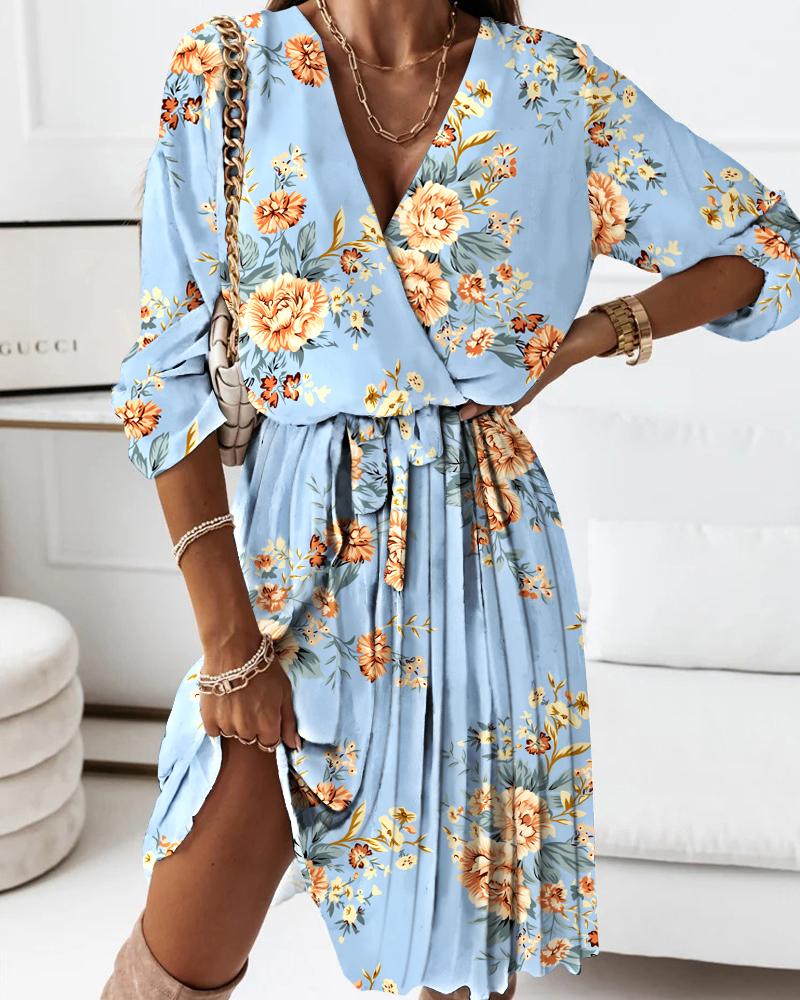 

Floral Print Tied Detail Pleated Wrap Dress, Blue
