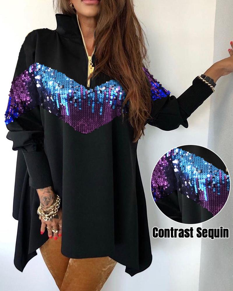 

Contrast Sequin Stand Collar Zipper Design Top, Black