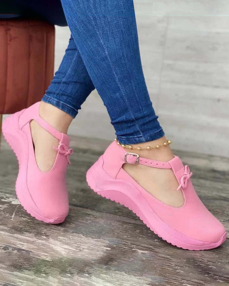 

Bowknot Decor Cutout Buckled Sneakers, Pink