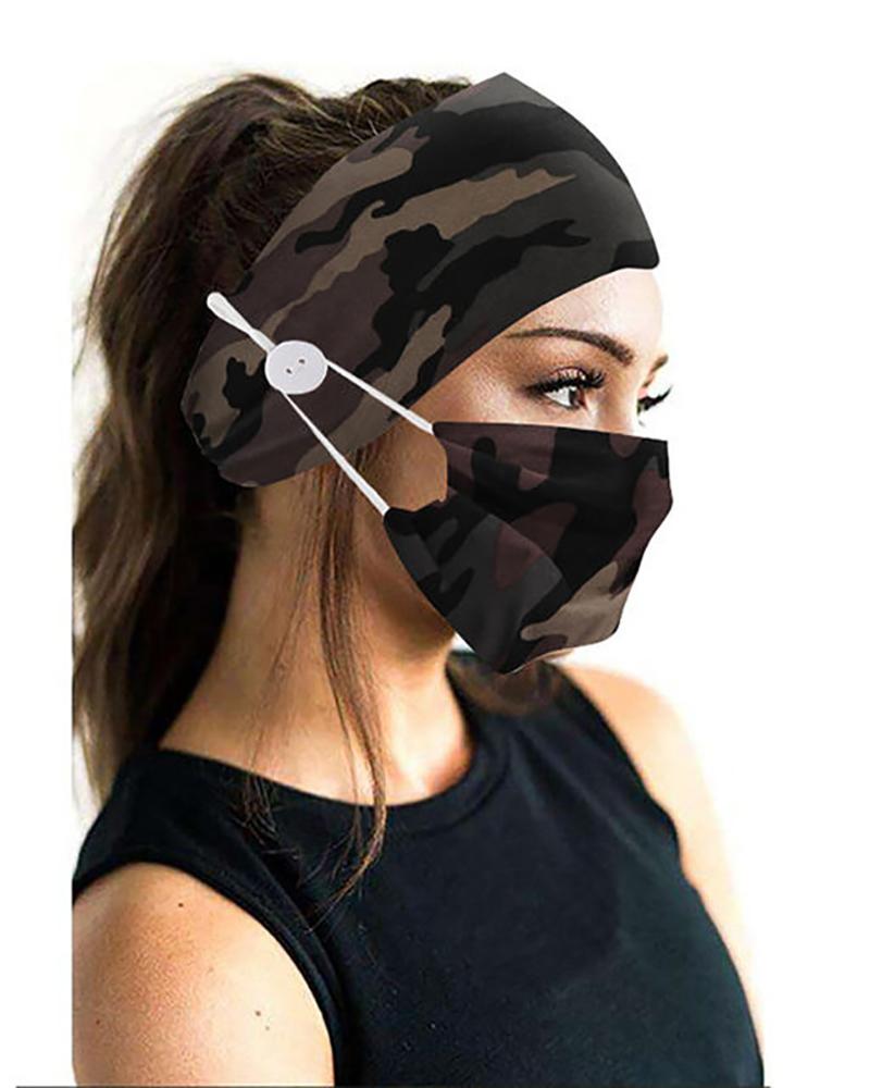 

Button Wide Headband Elastic Facemask Holder With Mouth Mask, Army green