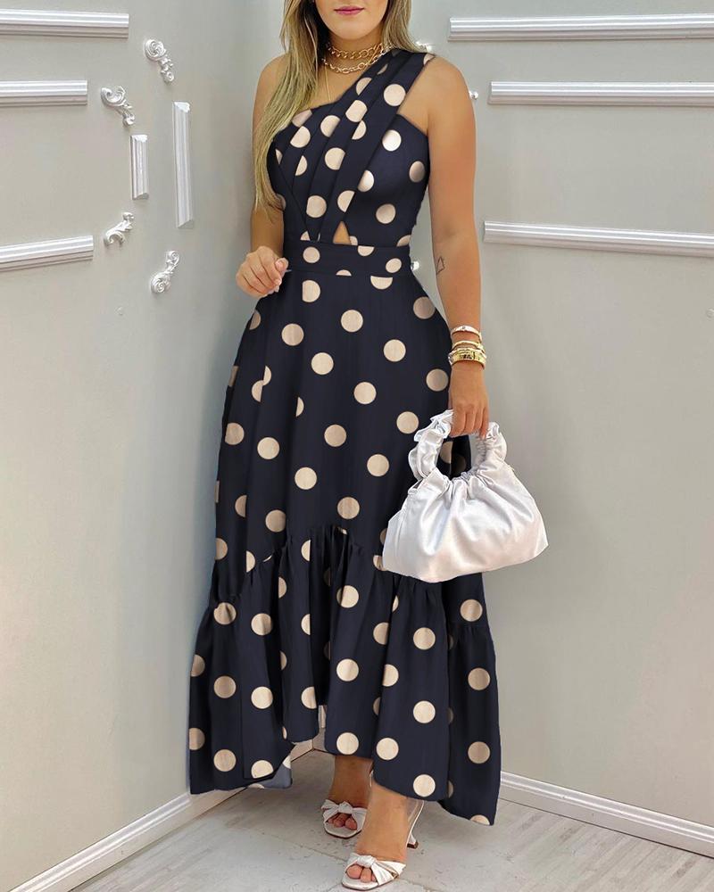 

Cutout Front One Shoulder Polkadot Print Dress, Purplish blue