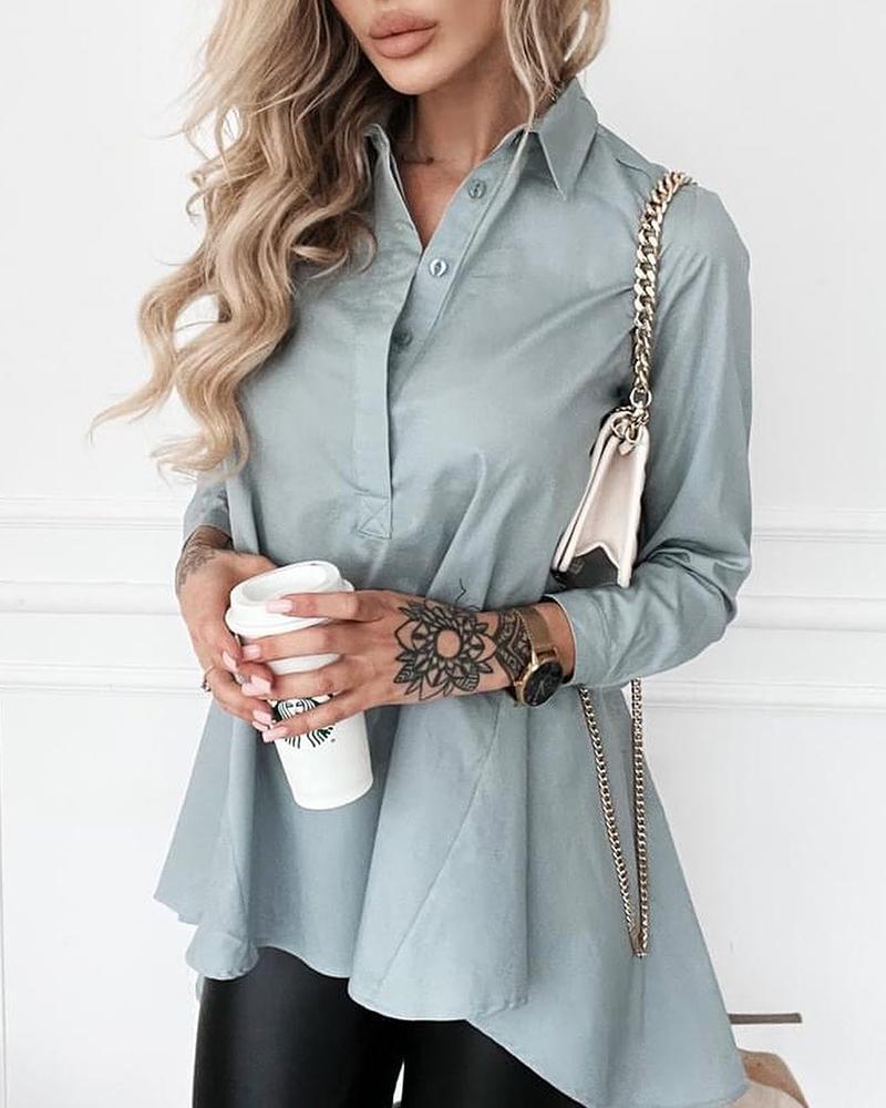 

Turn-down Collar Long Sleeve Buttoned Shirt, Blue