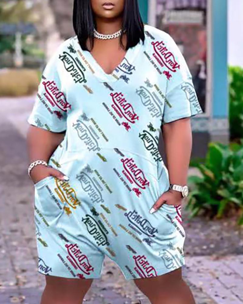 

Letter Print Pocket Design Short Sleeve Romper, Lighted blue