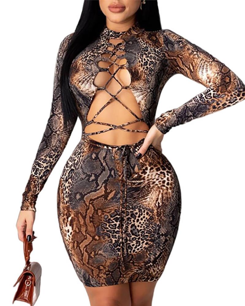 

Snakeskin Print Cutout Lace-up Boodycon Dress, Brown
