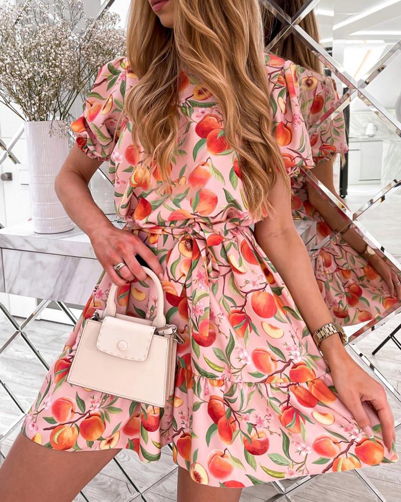 

Short Sleeve Peach Print Tied Detail Dress, Pink