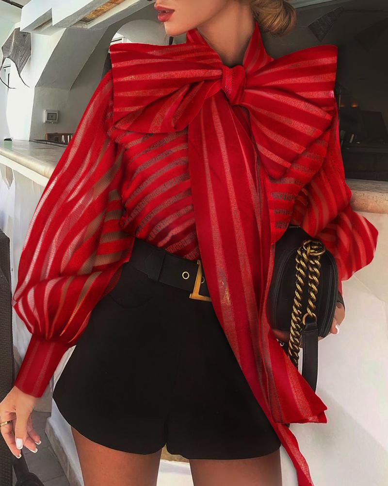 

Mesh Striped See Through Lantern Sleeve Blouse, Red