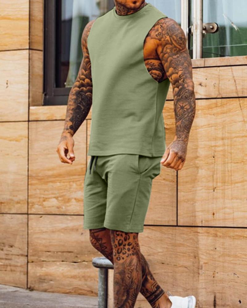 

Solid Sleeveless Tanks With Shorts Suit Sets, Army green