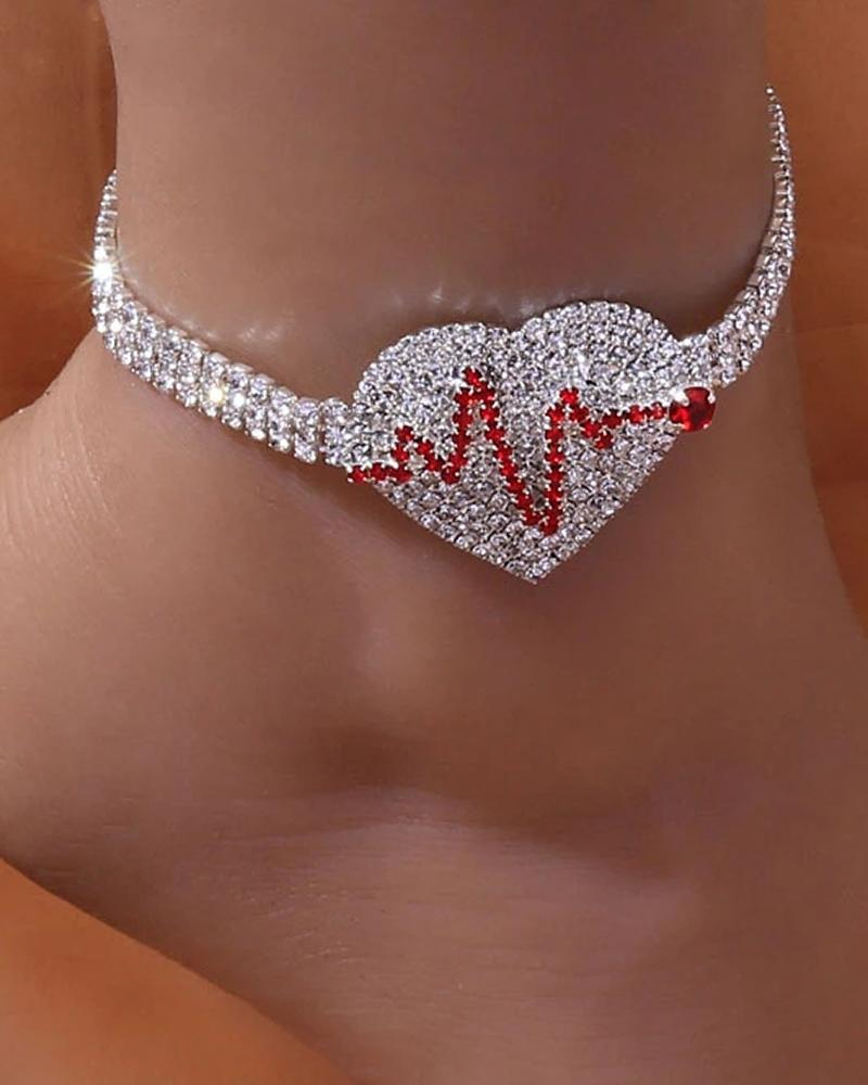 

1pcs Rinestone Electrocardiogram Heart Pattern Chain Anklet, Silver