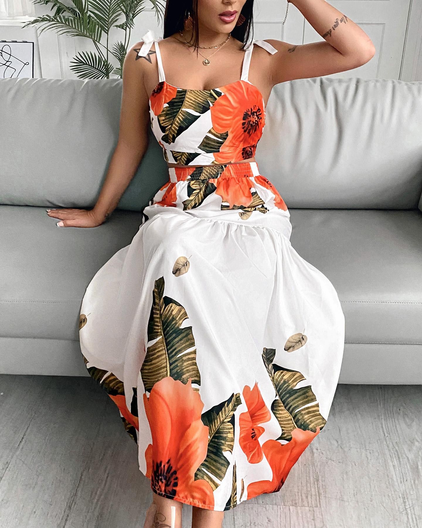 Floral Print Tied Detail Top & Maxi Skirt Set