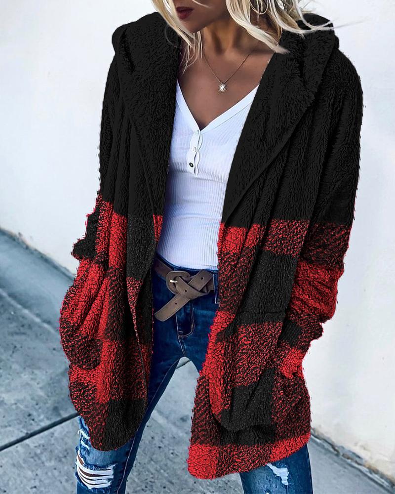 

Plaid Print Long Sleeve Hooded Teddy Coat, Red
