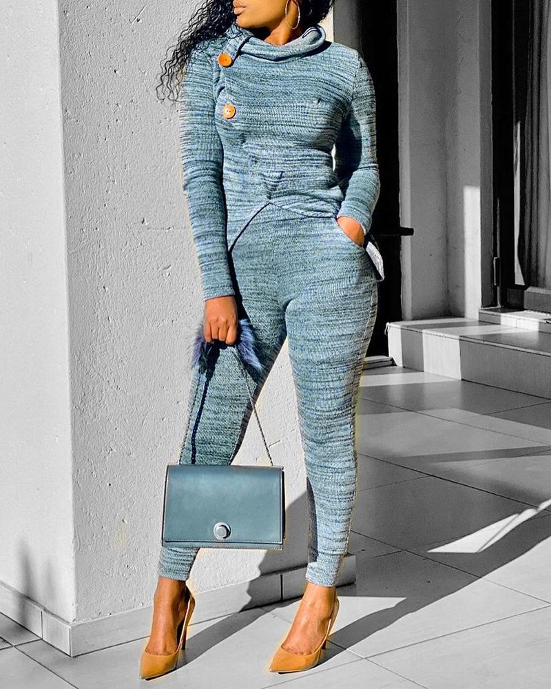 

Buttoned High Neck Slit Top & Pocket Design Pants Set, Blue