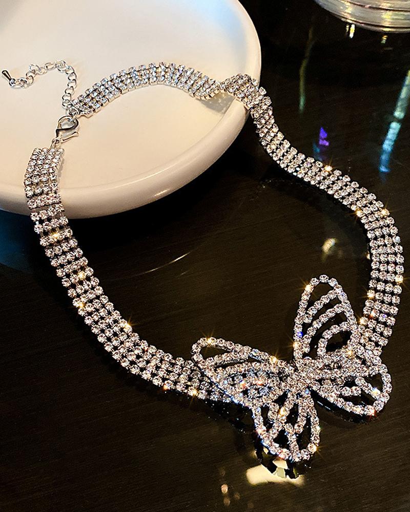 

Allover Rhinestone Butterfly Pattern Necklace, Silver