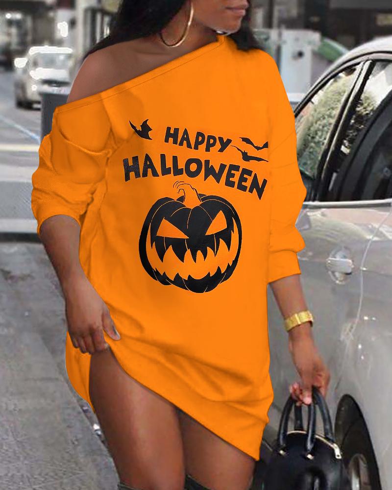 

Halloween Pumpkin Letter Print Casual Dress, Orange