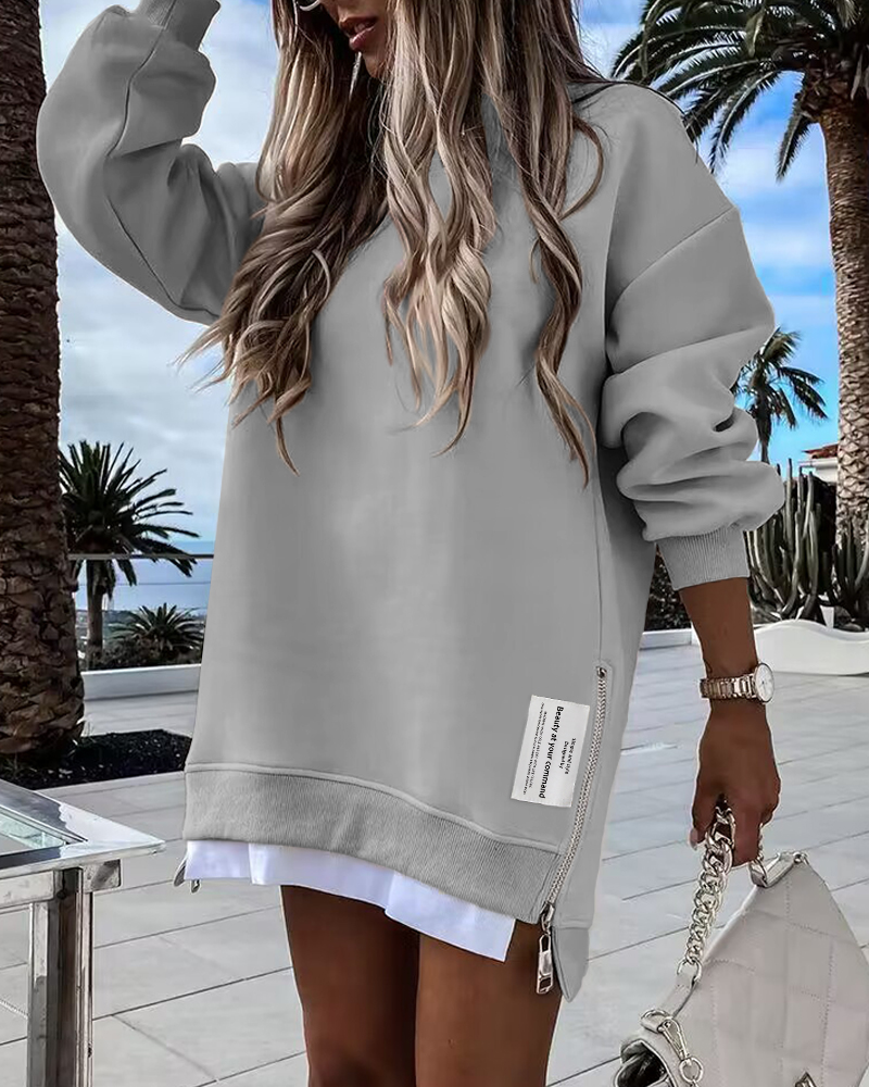 

Sweat-shirt à manches longues avec fermeture éclair et fente, Gray