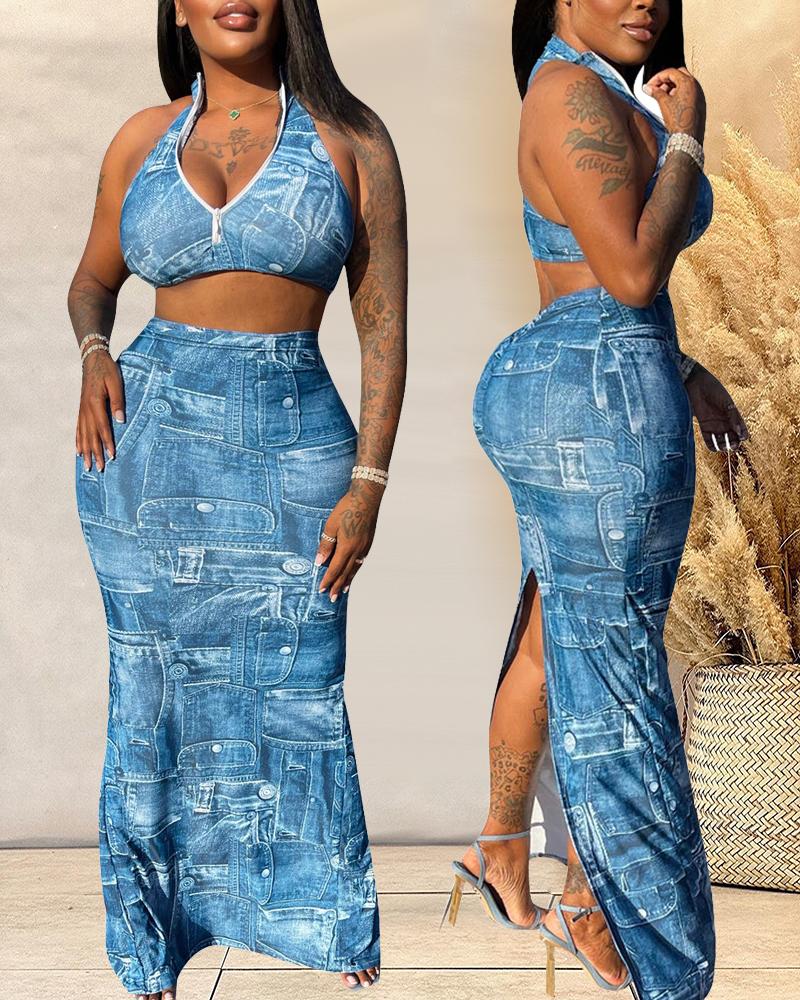 

Denim Look Print Crop Top & Slit Maxi Skirt Set, Blue