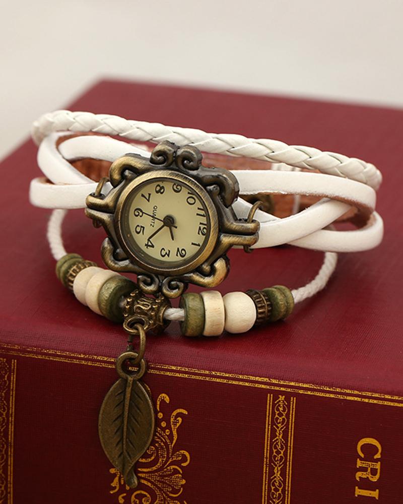 

1pc Braided Leaf Pattern Beaded Bohemian Wrap Around Watch, White