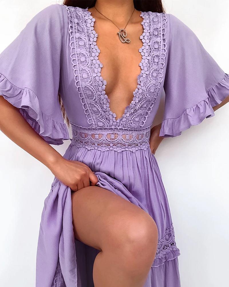 

Guipure Lace Ruffles Bell Sleeve Dress, Purple