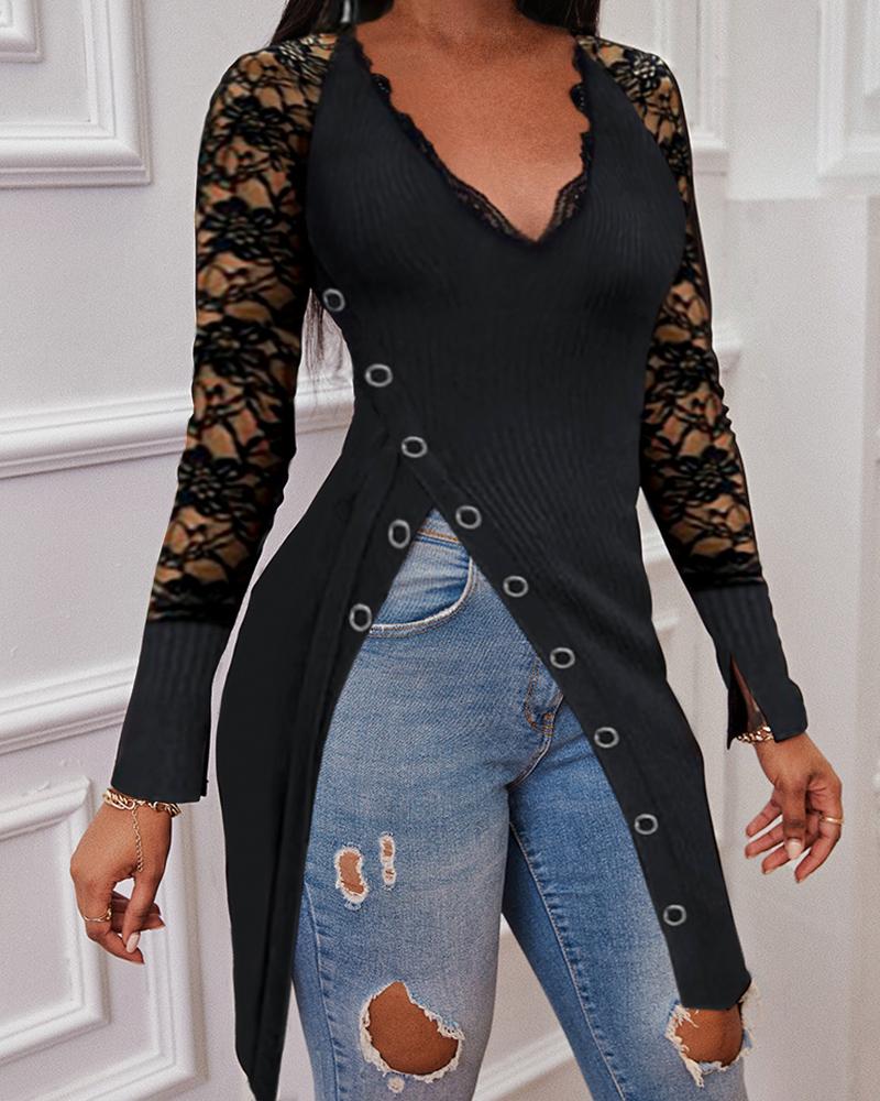 

Contrast Lace Button Decor High Split Top Casual Long Sleeve Slit Daily Shirt, Black