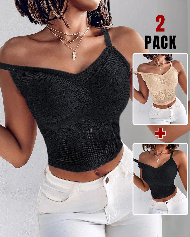 

Lot de 2 débardeurs courts sexy et doux en dentelle à col en V et bretelles spaghetti pour femme, Style4