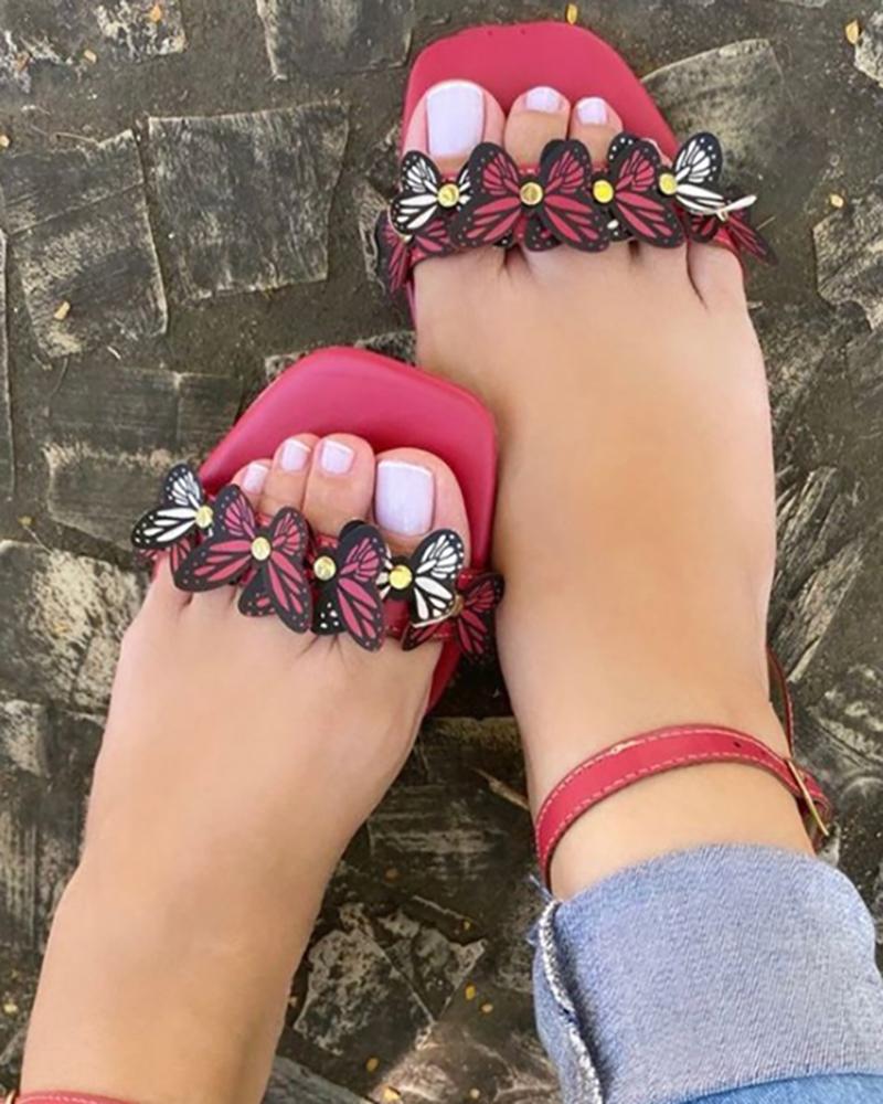 

Butterfly Pattern Ankle Strap Slingback Sandals, Hot pink