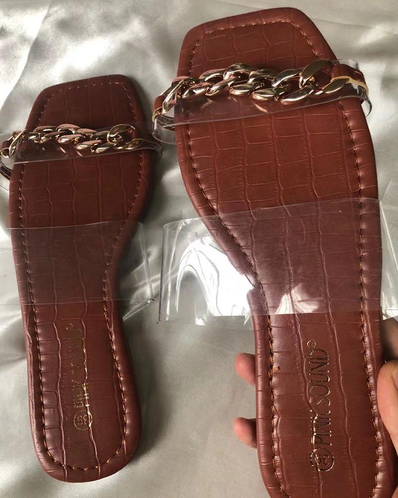 

Square-toe Splicing Chain Clear Strap Flat Slippers, Brown