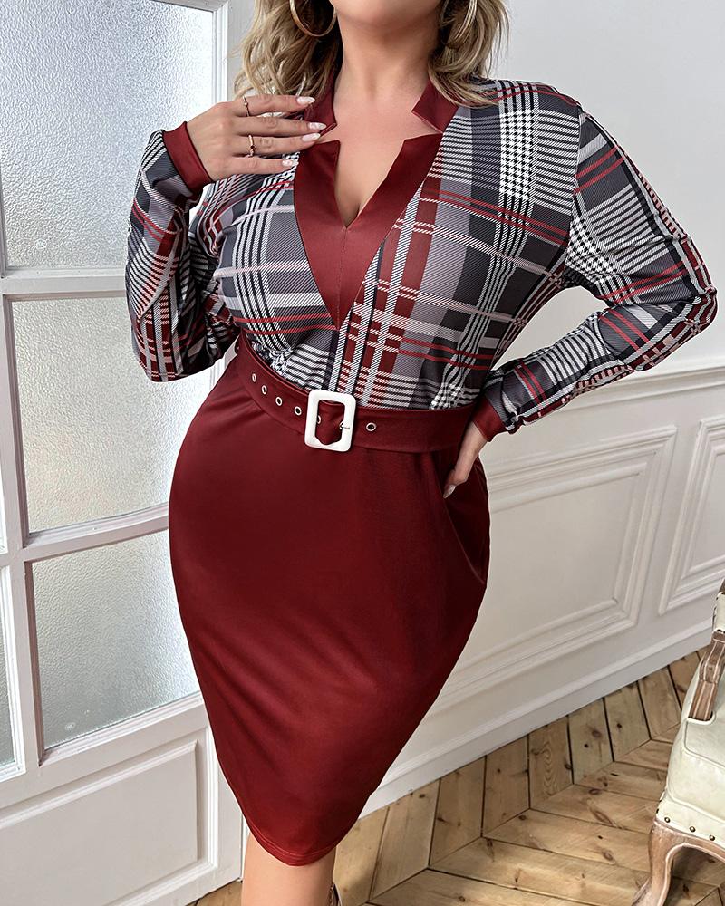 

Plus Size Plaid Print Long Sleeve Work Dress, Red