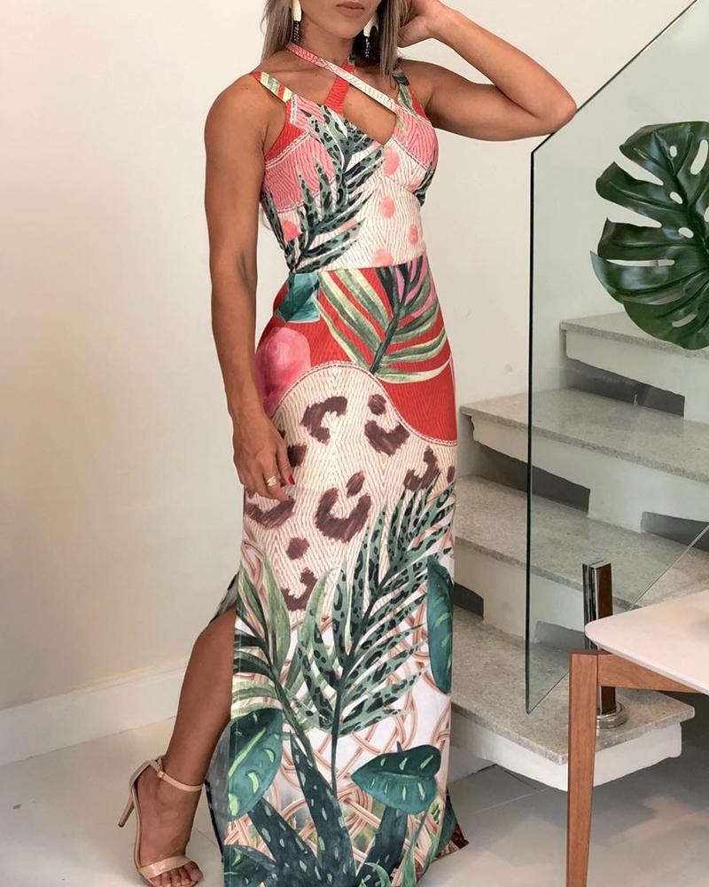 

Floral Print Crisscross Design Slit Maxi Dress, Multicolor