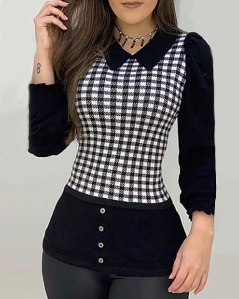 

Plaid Colorblock Long Sleeve Top, Black