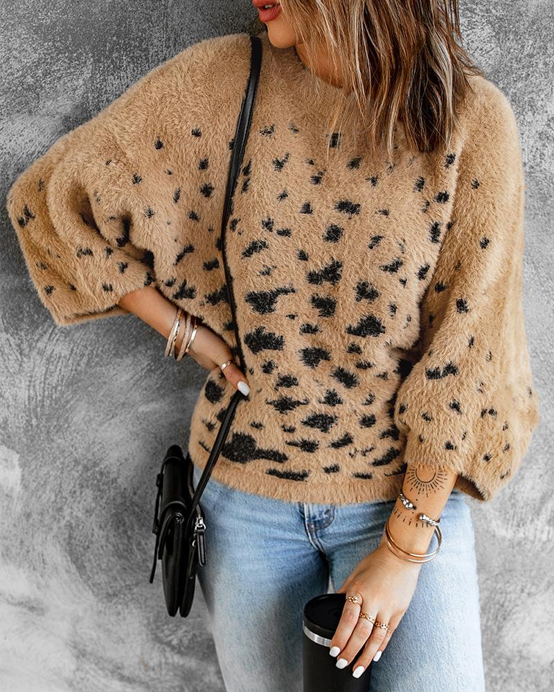 

Cheetah Pattern Print Fluffy Lantern Sleeve Sweater, Khaki