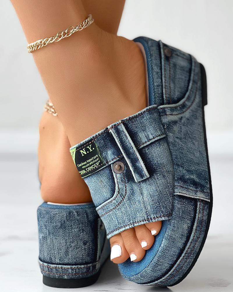 

Letter Label Platform Denim Slippers, Blue