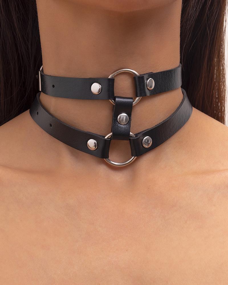 

1PCS PU Leather Double Band O-Ring Choker, Black