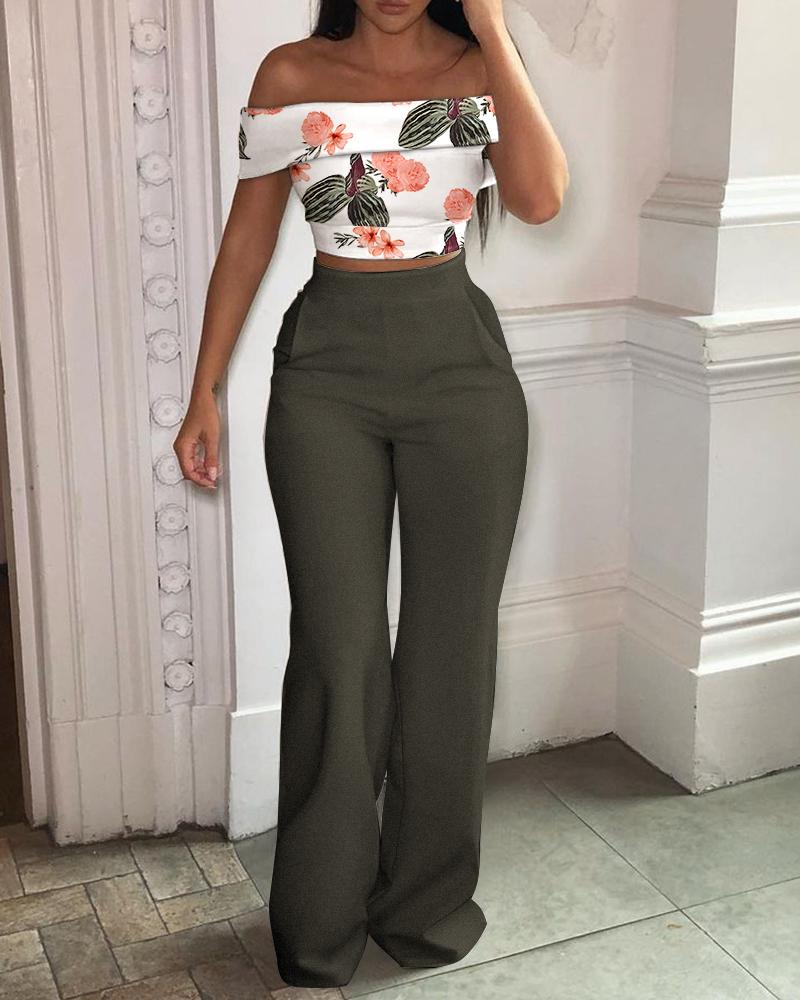 

Floral Print Off Shoulder Crop Top & Pants Set, Army green