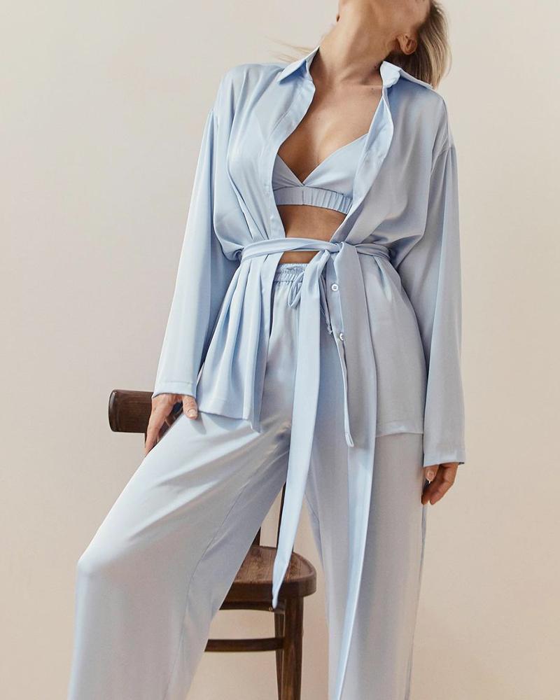 

3pcs Satin Button Design Tied Detail Lounge Set, Blue