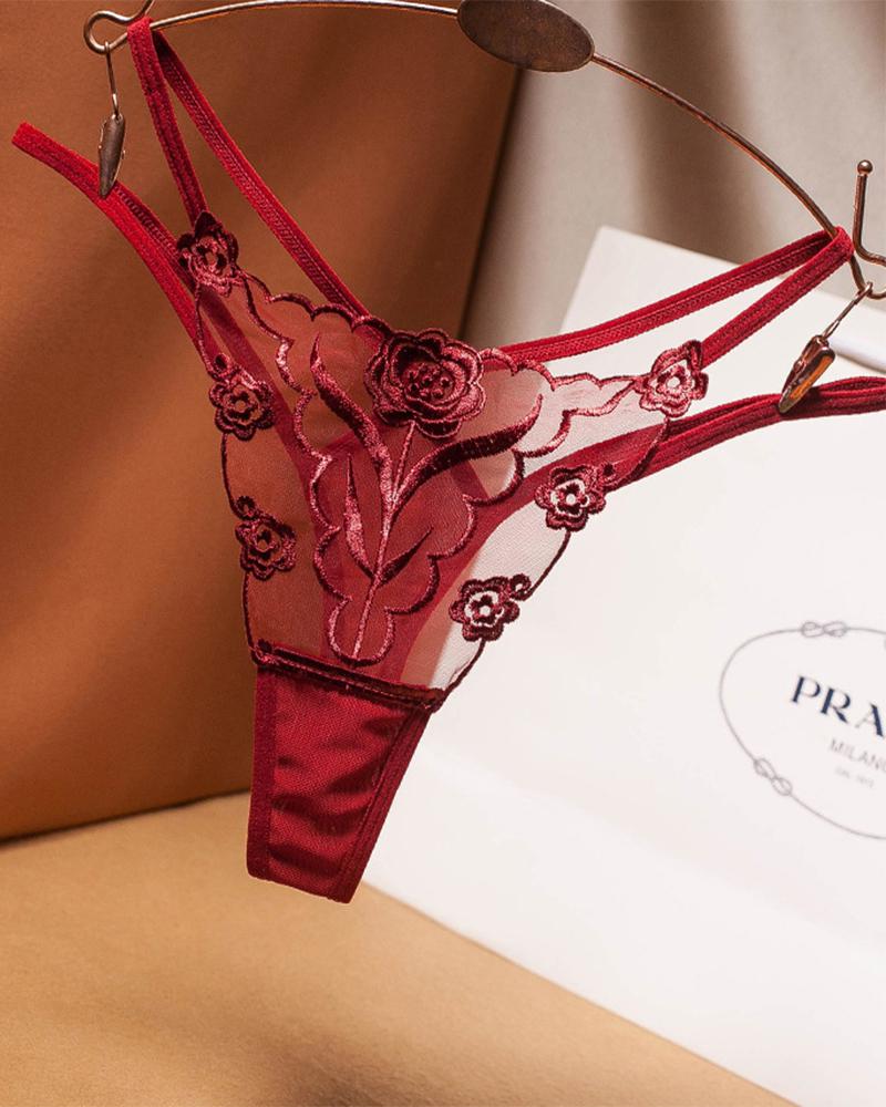 

See-through Mesh Splicing Embroidery Thong Panties, Wine red