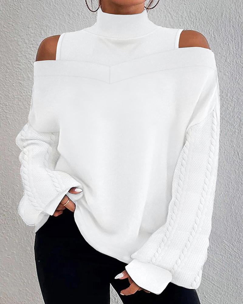 

Cold Shoulder Patchwork Cable Cable Textured Top, White