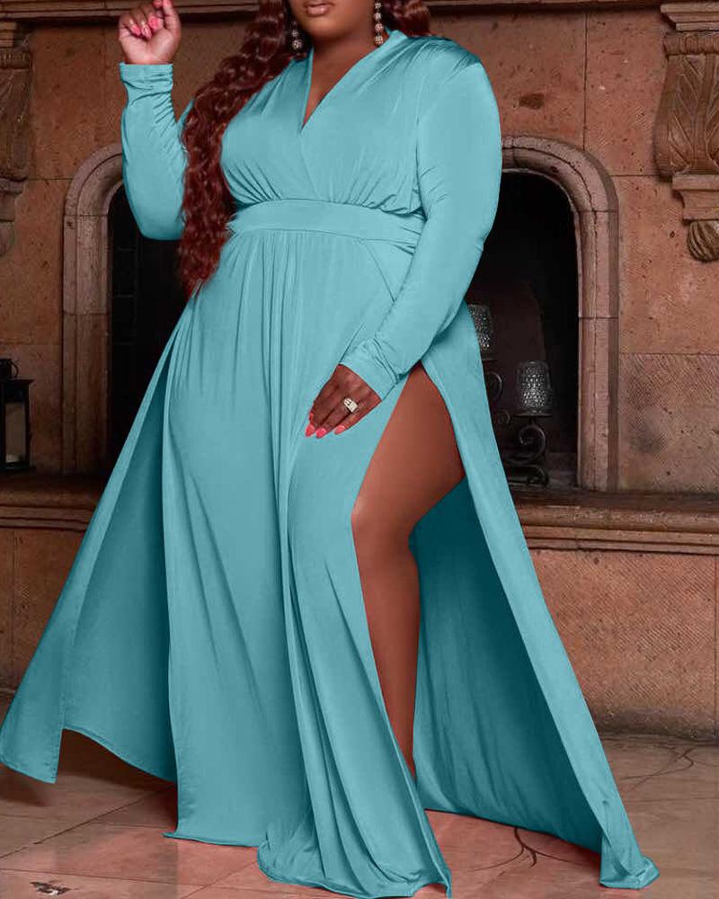 

Plus Size Long Sleeve Split Thigh Maxi Dress, Blue