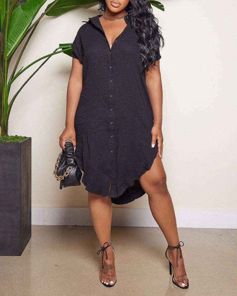 

Short Sleeve Curved Hem Button Down Shirt Dress, Black